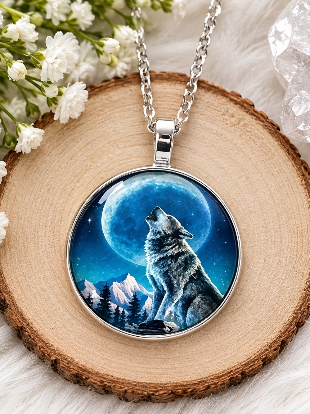 Silver Wolf Howl Pendant Necklace - Blue Moon Design
